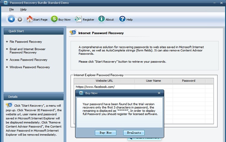 Interfaccia recupero password Facebook su Password Recovery Bundle Standard