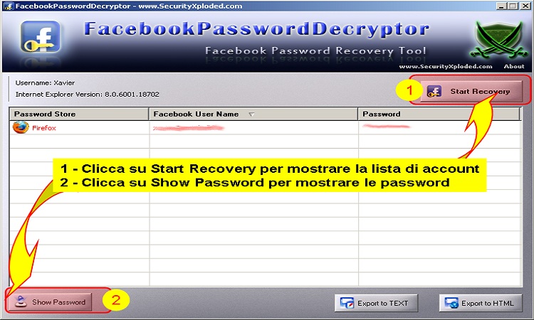 Recupera password con Facebook Password Decryptor